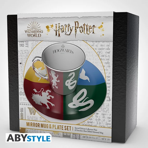 Harry Potter – Roxfort házakat ábrázoló tükrös bögre és tányér szett